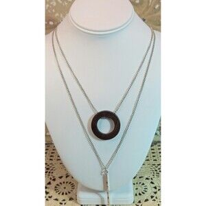 Double Layer Silver Tone Chain Necklace w/ Wood Ring & Bar Pendants 21"